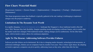 Flow Chart: Waterfall Model
[Requirement Analysis] -> [System Design] -> [Implementation] -> [Integration] -> [Testing] -> [Deployment] ->
[Maintenance]
This linear progression means that feedback is typically gathered at the end, making it challenging to implement
changes once the project is underway.
Limitations In The Dynamic Tech World
In a rapidly changing software development service landscape like Singapore’s, these traditional models often fall
short. Why? Because they lack flexibility. Imagine spending months developing a software feature, only to realize that
the market needs have changed. With traditional models, making changes can be cumbersome. On the other hand,
Agile, with its iterative nature, allows for continuous adaptation.
Agile To The Rescue: Addressing Software Provider Failures
Software provider failures can be detrimental. Be it due to changing market demands, technological advancements, or
unforeseen challenges, failures can set companies back by months if not years. This is where Agile shines. By adopting
an iterative approach, companies can pivot quickly, addressing issues as they arise, rather than after the fact.
 