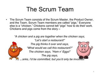 The Scrum Team The Scrum Team consists of the Scrum Master, the Product Owner, and the Team. Scrum Team members are called “pigs.” Everyone else is a “chicken.” Chickens cannot tell “pigs” how to do their work. Chickens and pigs come from the story – “ A chicken and a pig are together when the chicken says,  “ Let’s start a restaurant!”  The pig thinks it over and says,  “ What would we call this restaurant?”  The chicken says, “Ham n’ Eggs!”  The pig says,  “ No thanks, I’d be committed, but you’d only be involved!” 