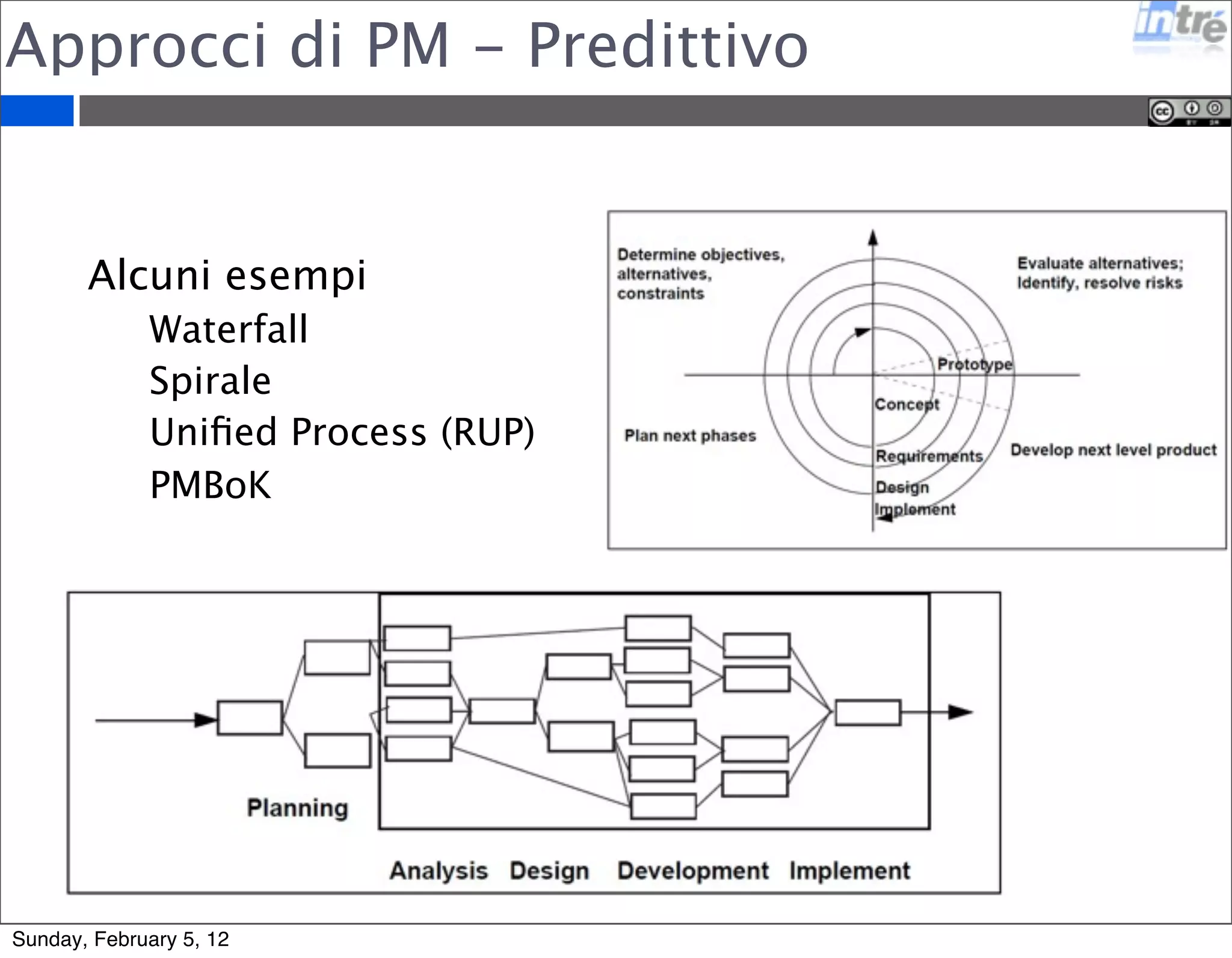 Approcci di PM - Predittivo 
Alcuni esempi 
Waterfall 
Spirale 
Unified Process (RUP) 
PMBoK 
Sunday, February 5, 12 
 