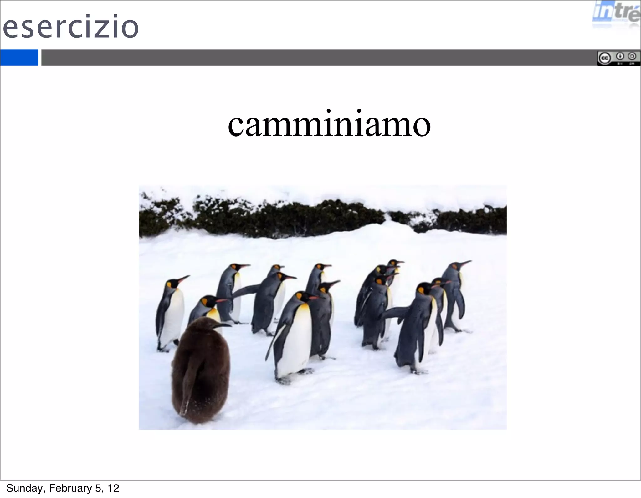 esercizio 
camminiamo 
Sunday, February 5, 12 
 