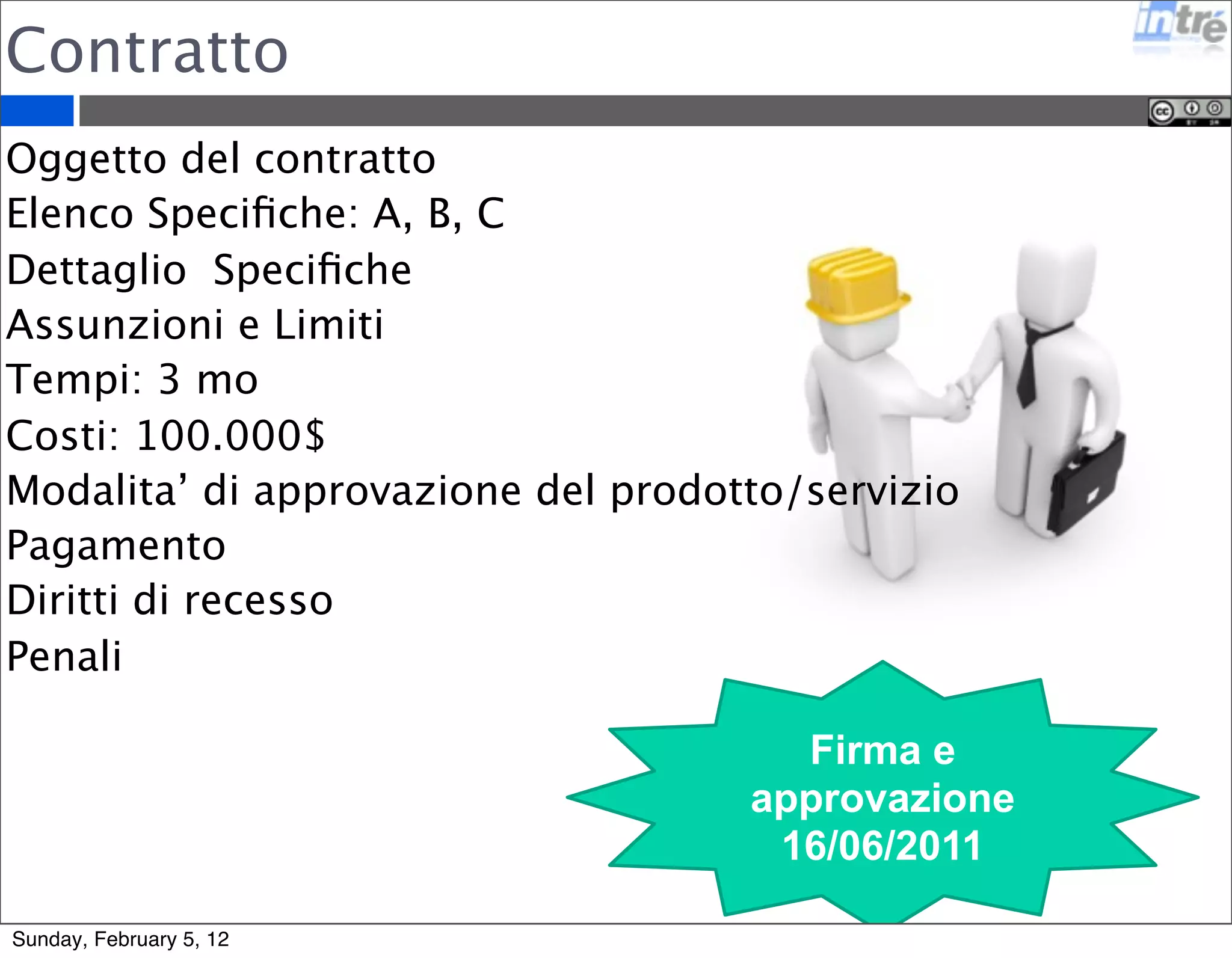 Contratto 
Oggetto del contratto 
Elenco Specifiche: A, B, C 
Dettaglio Specifiche 
Assunzioni e Limiti 
Tempi: 3 mo 
Costi: 100.000$ 
Modalita’ di approvazione del prodotto/servizio 
Pagamento 
Diritti di recesso 
Penali 
Firma e 
approvazione 
16/06/2011 
Sunday, February 5, 12 
 