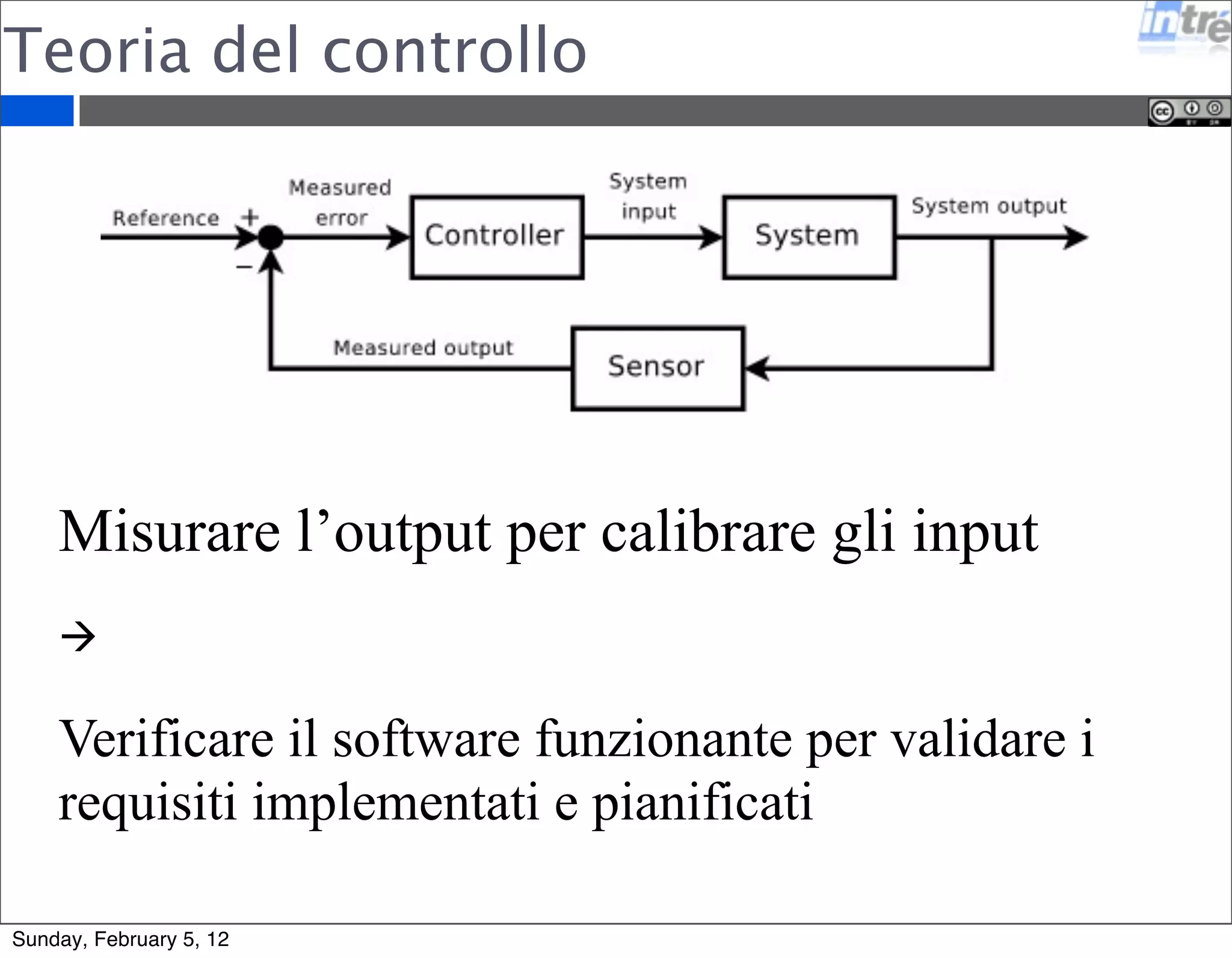 Teoria del controllo 
Misurare l’output per calibrare gli input 
 
Verificare il software funzionante per validare i 
requisiti implementati e pianificati 
Sunday, February 5, 12 
 