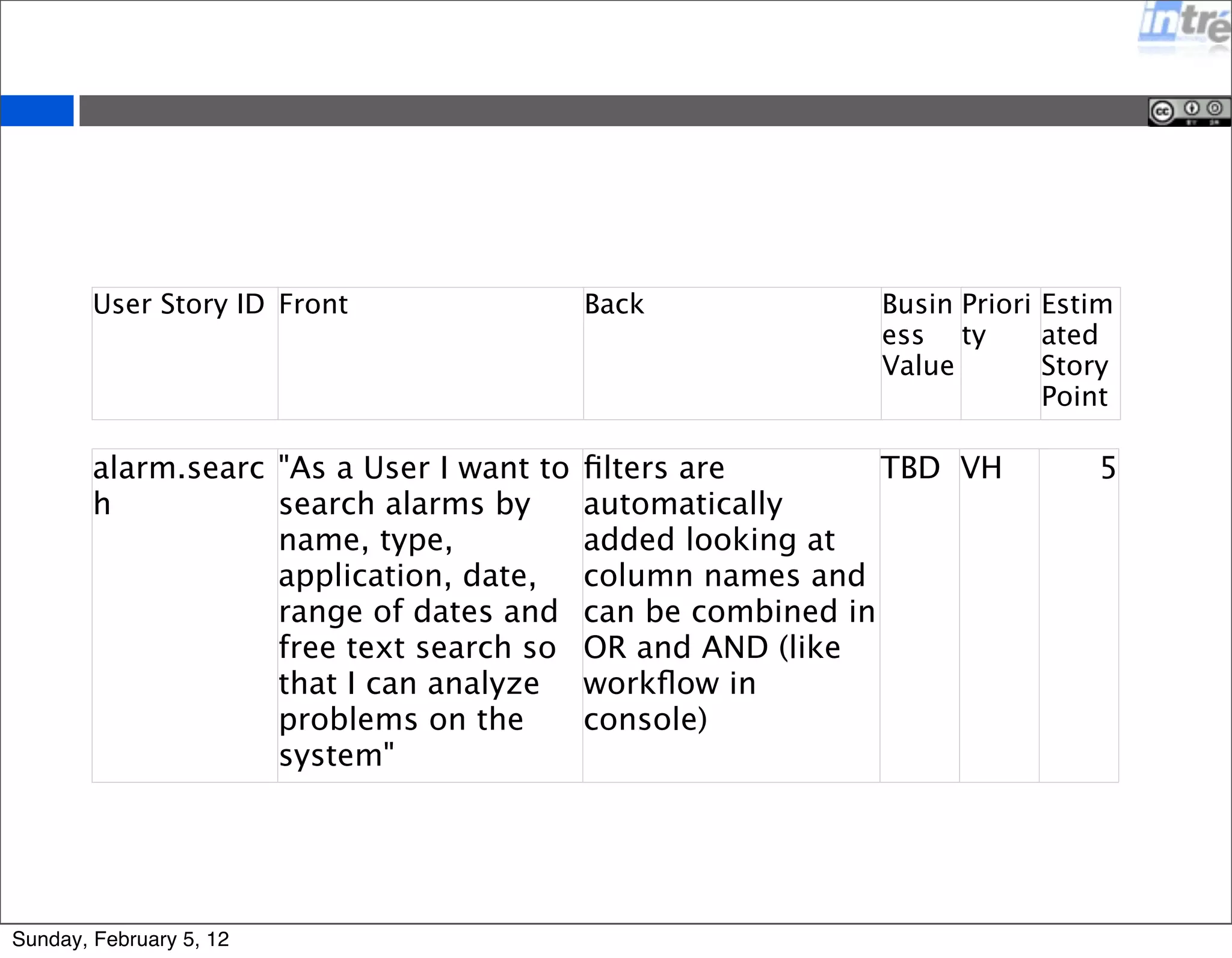 User Story ID Front Back Busin 
alarm.searc 
h 
"As a User I want to 
search alarms by 
name, type, 
application, date, 
range of dates and 
free text search so 
that I can analyze 
problems on the 
system" 
filters are 
automatically 
added looking at 
column names and 
can be combined in 
OR and AND (like 
workflow in 
console) 
ess 
Value 
Priori 
ty 
Estim 
ated 
Story 
Point 
TBD VH 5 
Sunday, February 5, 12 
 