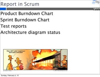 Report in Scrum 
Product Burndown Chart 
Sprint Burndown Chart 
Test reports 
Architecture diagram status 
Sunday, February 5, 12 
 