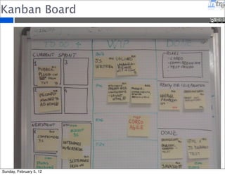 WIP 
Ridurre il Work In Progress aiuta a 
•Aumetare la qualita’ del lavoro 
finito 
•Semplificare processi e 
procedure 
•Aumentare la reattivita’ a 
richieste spot 
•Migliorare la vita in azienda 
Sunday, February 5, 12 
 