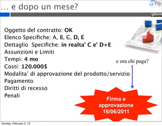 … e dopo un mese? 
Oggetto del contratto: OK 
Elenco Specifiche: A, B, C, D, E 
Dettaglio Specifiche: in realta’ C e’ D+E 
Assunzioni e Limiti 
Tempi: 4 mo 
Costi: 120.000$ 
Modalita’ di approvazione del prodotto/servizio 
Pagamento 
Diritti di recesso 
Penali 
e ora chi paga? 
Firma e 
approvazione 
16/06/2011 
Sunday, February 5, 12 
 