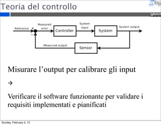 Teoria del controllo 
Misurare l’output per calibrare gli input 
 
Verificare il software funzionante per validare i 
requisiti implementati e pianificati 
Sunday, February 5, 12 
 