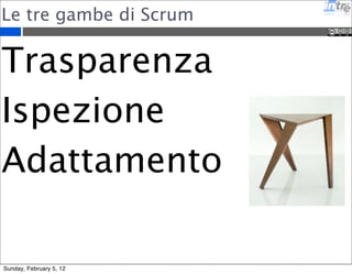 Le tre gambe di Scrum 
Trasparenza 
Ispezione 
Adattamento 
Sunday, February 5, 12 
 