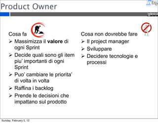 Product Owner 
Cosa fa 
 Massimizza il valore di 
ogni Sprint 
 Decide quali sono gli item 
piu’ importanti di ogni 
Sprint 
 Puo’ cambiare le priorita’ 
di volta in volta 
 Raffina i backlog 
 Prende le decisioni che 
impattano sul prodotto 
Cosa non dovrebbe fare 
 Il project manager 
 Sviluppare 
 Decidere tecnologie e 
processi 
Sunday, February 5, 12 
 