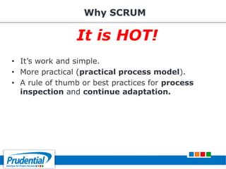 Why SCRUM
It is HOT!
• It’s work and simple.
• More practical (practical process model).
• A rule of thumb or best practices for process
inspection and continue adaptation.
 