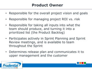 Product Owner
• Responsible for the overall project vision and goals
• Responsible for managing project ROI vs. risk
• Responsible for taking all inputs into what the
team should produce, and turning it into a
prioritized list (the Product Backlog)
• Participates actively in Sprint Planning and Sprint
Review meetings, and is available to team
throughout the Sprint
• Determines release plan and communicates it to
upper management and the customer
 