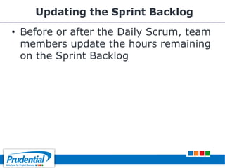 Updating the Sprint Backlog
• Before or after the Daily Scrum, team
members update the hours remaining
on the Sprint Backlog
 