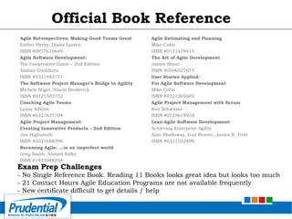 Agile Estimating and Planning
Mike Cohn
ISBN #0131479415
The Art of Agile Development
James Shore
ISBN #0596527675
User Stories Applied:
For Agile Software Development
Mike Cohn
ISBN #0321205685
Agile Project Management with Scrum
Ken Schwaber
ISBN #073561993X
Lean-Agile Software Development:
Achieving Enterprise Agility
Alan Shalloway, Guy Beaver, James R. Trott
ISBN #0321532899
Agile Retrospectives: Making Good Teams Great
Esther Derby, Diana Larsen
ISBN #0977616649
Agile Software Development:
The Cooperative Game – 2nd Edition
Alistair Cockburn
ISBN #0321482751
The Software Project Manager’s Bridge to Agility
Michele Sliger, Stacia Broderick
ISBN #0321502752
Coaching Agile Teams
Lyssa Adkins
ISBN #0321637704
Agile Project Management:
Creating Innovative Products – 2nd Edition
Jim Highsmith
ISBN #0321658396
Becoming Agile: ...in an imperfect world
Greg Smith, Ahmed Sidky
ISBN #1933988258
Exam Prep Challenges
- No Single Reference Book. Reading 11 Books looks great idea but looks too much
- 21 Contact Hours Agile Education Programs are not available frequently
- New certificate difficult to get details / help
Official Book Reference
 