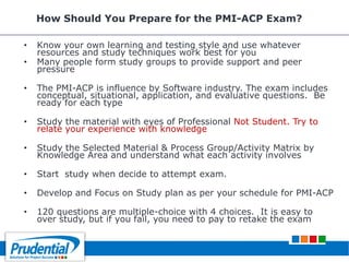 How Should You Prepare for the PMI-ACP Exam?
• Know your own learning and testing style and use whatever
resources and study techniques work best for you
• Many people form study groups to provide support and peer
pressure
• The PMI-ACP is influence by Software industry. The exam includes
conceptual, situational, application, and evaluative questions. Be
ready for each type
• Study the material with eyes of Professional Not Student. Try to
relate your experience with knowledge
• Study the Selected Material & Process Group/Activity Matrix by
Knowledge Area and understand what each activity involves
• Start study when decide to attempt exam.
• Develop and Focus on Study plan as per your schedule for PMI-ACP
• 120 questions are multiple-choice with 4 choices. It is easy to
over study, but if you fail, you need to pay to retake the exam
 