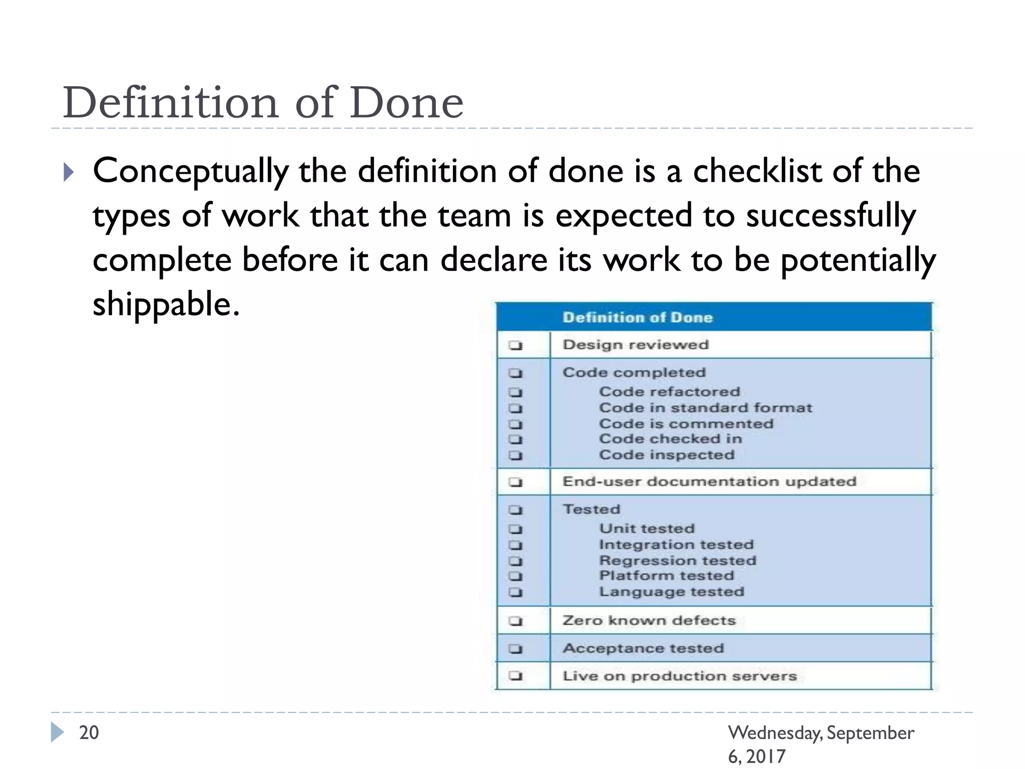Definition of Done
 Conceptually the definition of done is a checklist of the
types of work that the team is expected to successfully
complete before it can declare its work to be potentially
shippable.
20 Wednesday, September
6, 2017
 