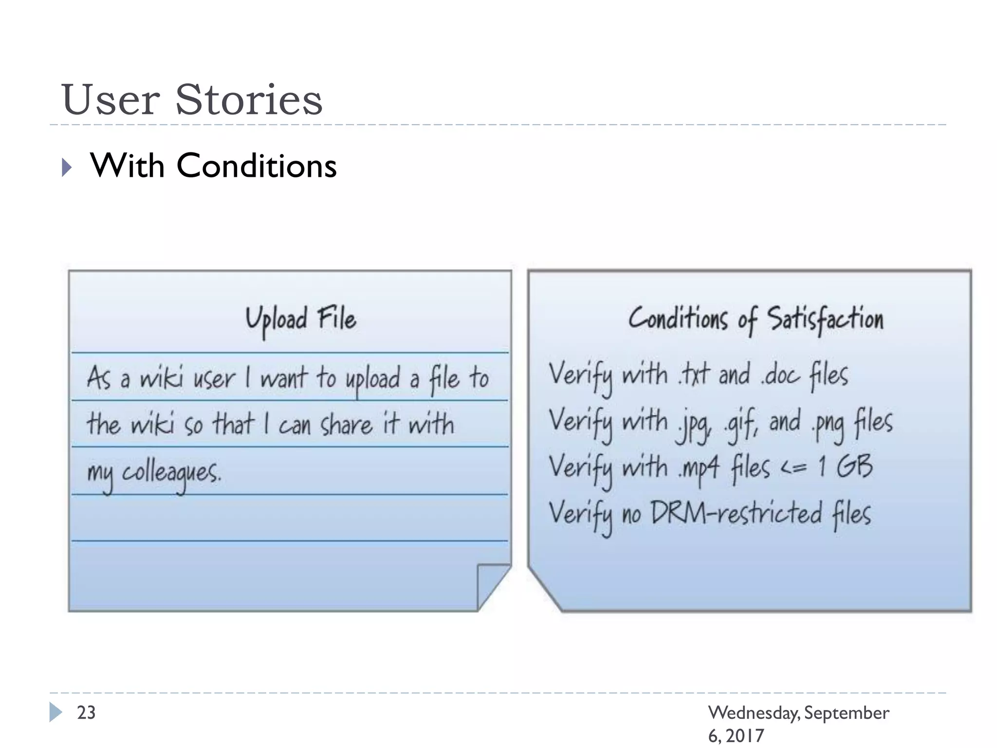 User Stories
 With Conditions
23 Wednesday, September
6, 2017
 