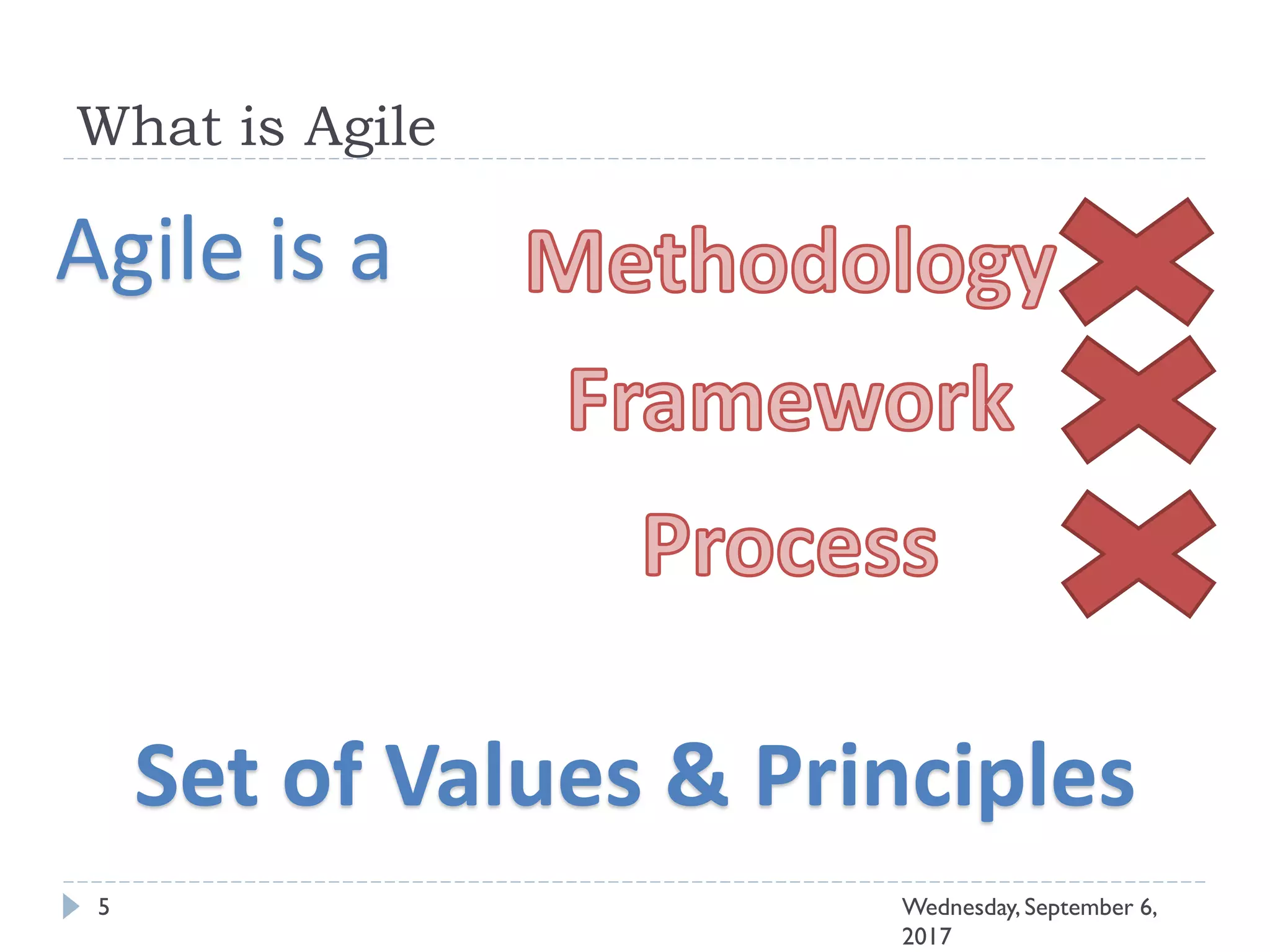 What is Agile
Waterfall
Approach
5 Wednesday, September 6,
2017
Agile is a
Set of Values & Principles
 