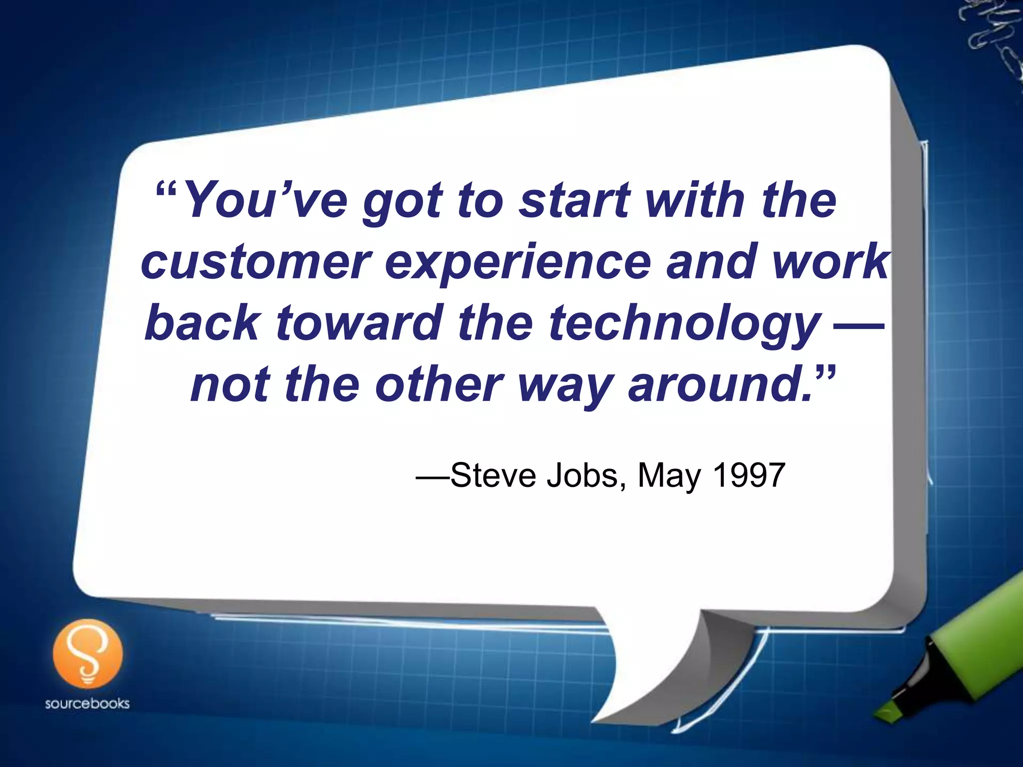 “You’ve got to start with the
customer experience and work
back toward the technology —
  not the other way around.”
           —Steve Jobs, May 1997
 