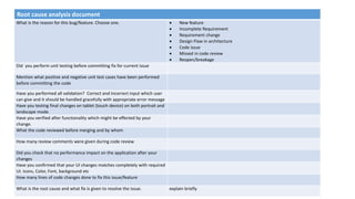 Root cause analysis document
What is the reason for this bug/feature. Choose one.  New feature
 Incomplete Requirement
 Requirement change
 Design Flaw in architecture
 Code issue
 Missed in code review
 Reopen/breakage
Did you perform unit testing before committing fix for current issue
Mention what positive and negative unit test cases have been performed
before committing the code
Have you performed all validation? Correct and Incorrect input which user
can give and it should be handled gracefully with appropriate error message
Have you testing final changes on tablet (touch device) on both portrait and
landscape mode.
Have you verified after functionality which might be effected by your
change.
What the code reviewed before merging and by whom
How many review comments were given during code review
Did you check that no performance impact on the application after your
changes
Have you confirmed that your UI changes matches completely with required
UI. Icons, Color, Font, background etc
How many lines of code changes done to fix this issue/feature
What is the root cause and what fix is given to resolve the issue. explain briefly
 