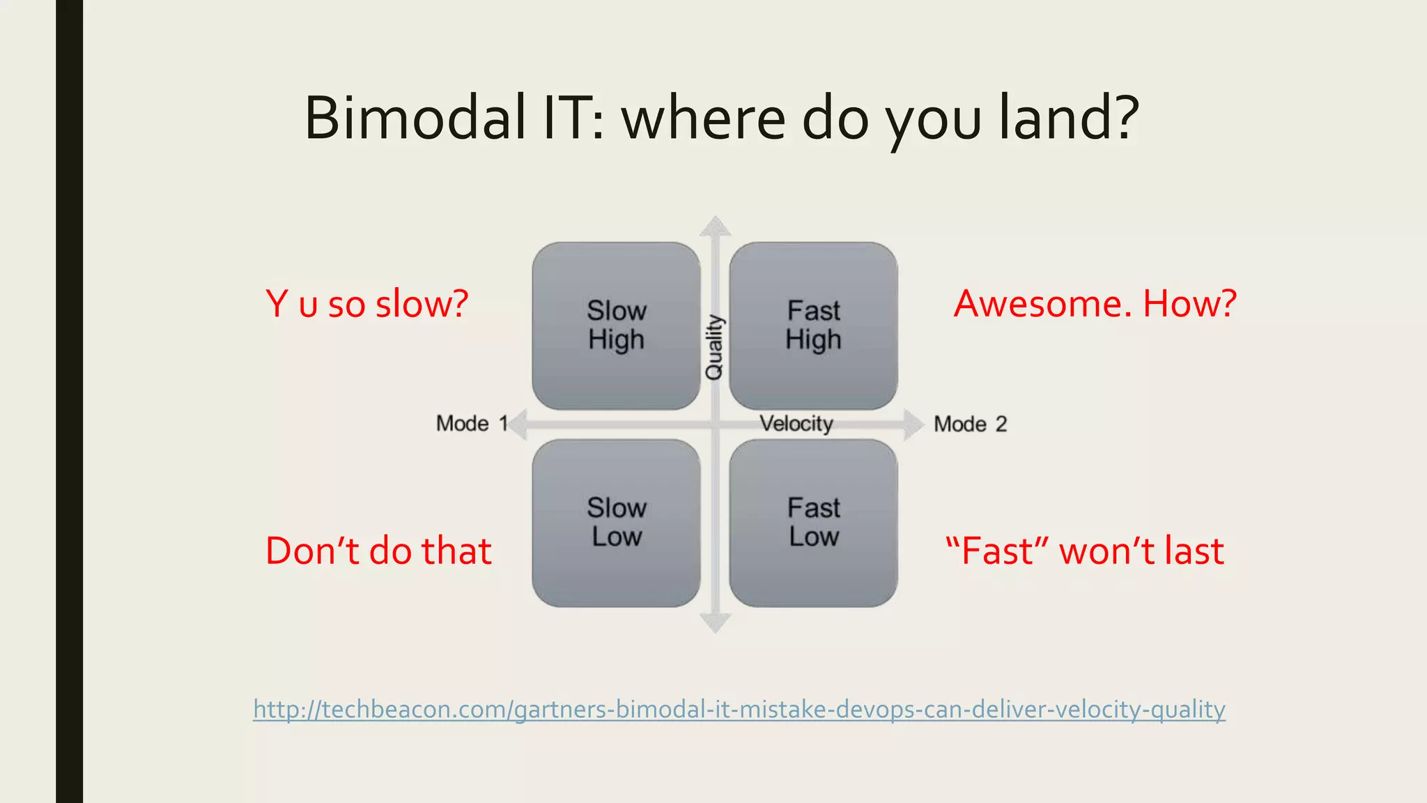 Bimodal IT: where do you land?
http://techbeacon.com/gartners-bimodal-it-mistake-devops-can-deliver-velocity-quality
Y u so slow?
Don’t do that “Fast” won’t last
Awesome. How?
 
