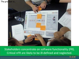 The problem is…




   Stakeholders concentrate on software functionality (FR).
     Critical nFR are likely to be ill-defined and neglected.
                        (Um, T., Kim, N., Lee, D., & In, H. P. (2011). A Quality Attributes Evaluation Method for an Agile Approach.)
                                                                                                                12 of 20
 