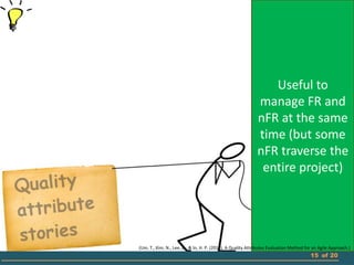 Useful to
                                                             manage FR and
                                                             nFR at the same
                                                             time (but some
                                                             nFR traverse the
                                                              entire project)




(Um, T., Kim, N., Lee, D., & In, H. P. (2011). A Quality Attributes Evaluation Method for an Agile Approach.)
                                                                                        15 of 20
 
