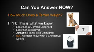 How Much Does a Terrier Weigh?
HINT: This is what we know
• Less than a German Shephard
• Less than a retriever
• About the same as a Chihuahua
• But...we don’t know what a Chihuahua
weighs
Can You Answer NOW?
 