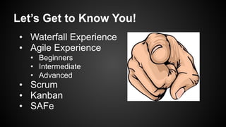 Let’s Get to Know You!
• Waterfall Experience
• Agile Experience
• Beginners
• Intermediate
• Advanced
• Scrum
• Kanban
• SAFe
 