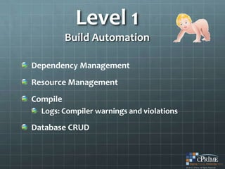 Level 1
          Build Automation

Dependency Management
Resource Management
Compile
  Logs: Compiler warnings and violations

Database CRUD
 