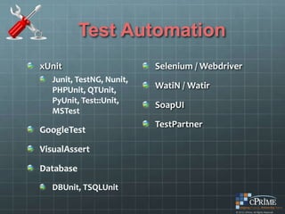 Test Automation
xUnit                      Selenium / Webdriver
   Junit, TestNG, Nunit,
   PHPUnit, QTUnit,        WatiN / Watir
   PyUnit, Test::Unit,
                           SoapUI
   MSTest
                           TestPartner
GoogleTest

VisualAssert

Database
   DBUnit, TSQLUnit
 