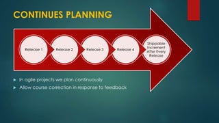 CONTINUES PLANNING
Shippable
Increment
After Every
Release
Release 4Release 3Release 2Release 1
 In agile projects we plan continuously
 Allow course correction in response to feedback
 