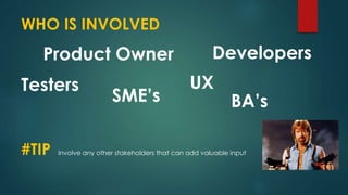 WHO IS INVOLVED
Product Owner
#TIP Involve any other stakeholders that can add valuable input
Developers
Testers UX
SME’s BA’s
 