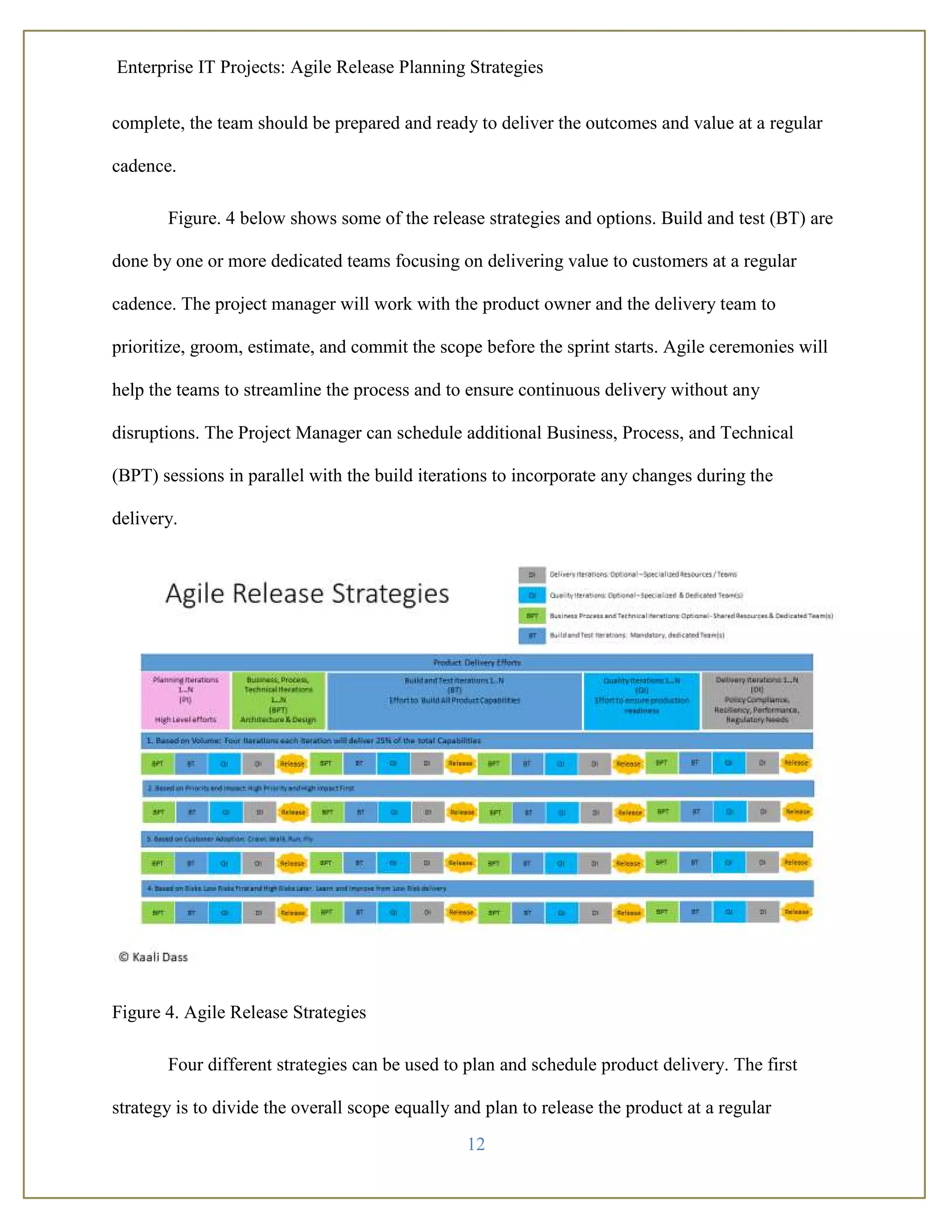 Enterprise IT Projects: Agile Release Planning Strategies
12
complete, the team should be prepared and ready to deliver the outcomes and value at a regular
cadence.
Figure. 4 below shows some of the release strategies and options. Build and test (BT) are
done by one or more dedicated teams focusing on delivering value to customers at a regular
cadence. The project manager will work with the product owner and the delivery team to
prioritize, groom, estimate, and commit the scope before the sprint starts. Agile ceremonies will
help the teams to streamline the process and to ensure continuous delivery without any
disruptions. The Project Manager can schedule additional Business, Process, and Technical
(BPT) sessions in parallel with the build iterations to incorporate any changes during the
delivery.
Figure 4. Agile Release Strategies
Four different strategies can be used to plan and schedule product delivery. The first
strategy is to divide the overall scope equally and plan to release the product at a regular
 