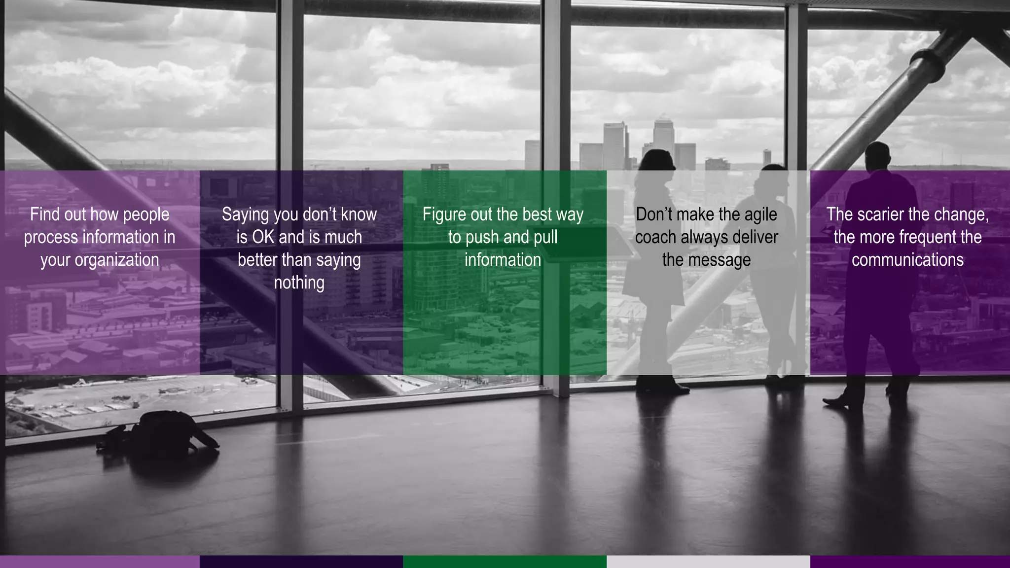 Find out how people
process information in
your organization
Saying you don’t know
is OK and is much
better than saying
nothing
Figure out the best way
to push and pull
information
Don’t make the agile
coach always deliver
the message
The scarier the change,
the more frequent the
communications
 