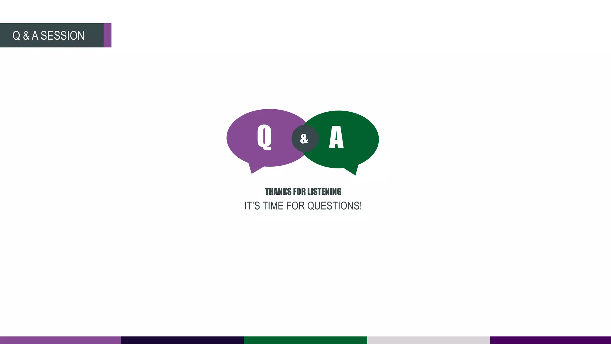IT’S TIME FOR QUESTIONS!
Q A&
THANKS FOR LISTENING
Q & A SESSION
 