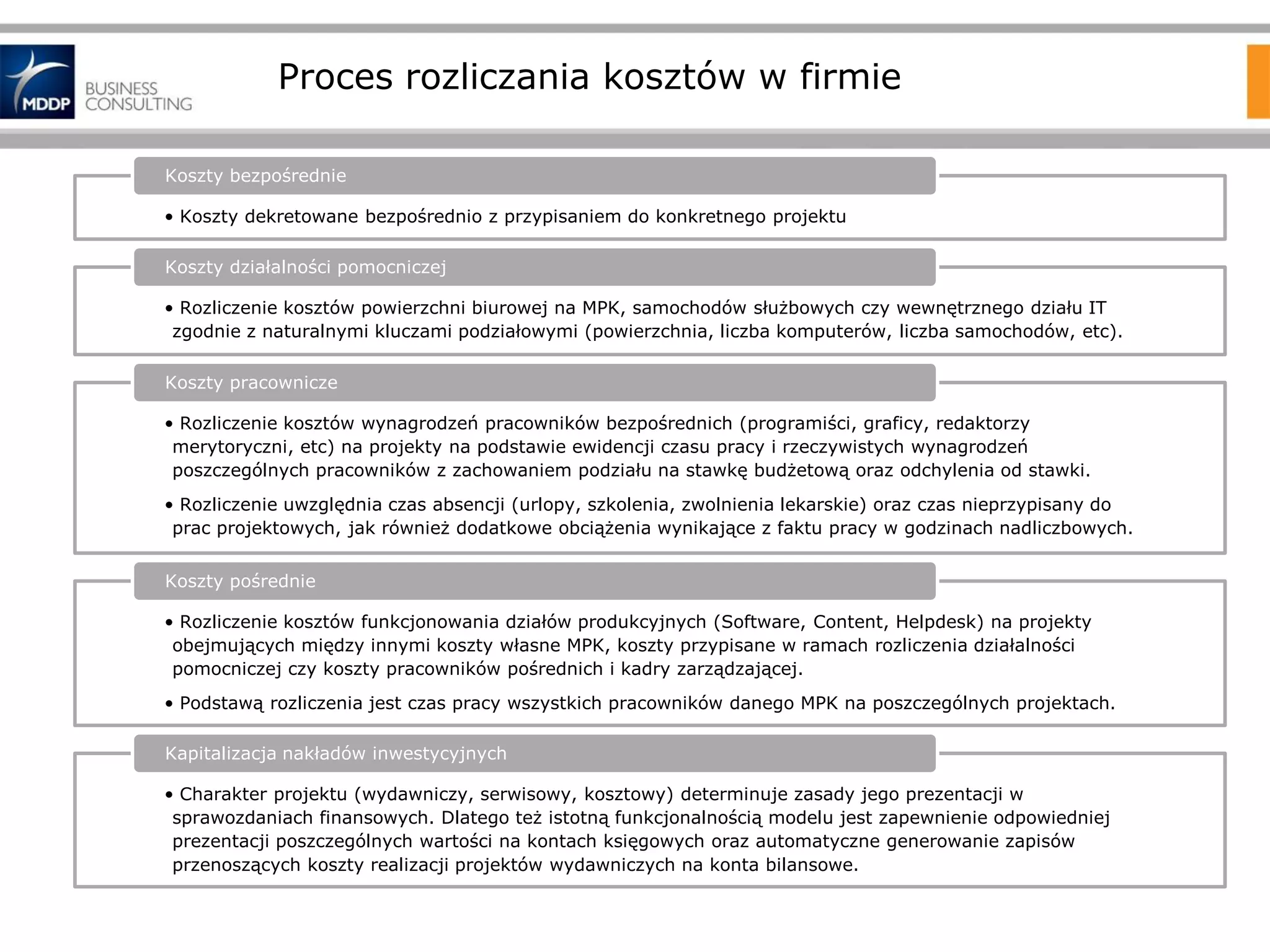 Proces rozliczania kosztów w firmie
Koszty bezpośrednie
• Koszty dekretowane bezpośrednio z przypisaniem do konkretnego projektu
Koszty działalności pomocniczej
• Rozliczenie kosztów powierzchni biurowej na MPK, samochodów służbowych czy wewnętrznego działu IT
zgodnie z naturalnymi kluczami podziałowymi (powierzchnia, liczba komputerów, liczba samochodów, etc).
Koszty pracownicze
• Rozliczenie kosztów wynagrodzeń pracowników bezpośrednich (programiści, graficy, redaktorzy
merytoryczni, etc) na projekty na podstawie ewidencji czasu pracy i rzeczywistych wynagrodzeń
poszczególnych pracowników z zachowaniem podziału na stawkę budżetową oraz odchylenia od stawki.
• Rozliczenie uwzględnia czas absencji (urlopy, szkolenia, zwolnienia lekarskie) oraz czas nieprzypisany do
prac projektowych, jak również dodatkowe obciążenia wynikające z faktu pracy w godzinach nadliczbowych.
Koszty pośrednie
• Rozliczenie kosztów funkcjonowania działów produkcyjnych (Software, Content, Helpdesk) na projekty
obejmujących między innymi koszty własne MPK, koszty przypisane w ramach rozliczenia działalności
pomocniczej czy koszty pracowników pośrednich i kadry zarządzającej.
• Podstawą rozliczenia jest czas pracy wszystkich pracowników danego MPK na poszczególnych projektach.
Kapitalizacja nakładów inwestycyjnych
• Charakter projektu (wydawniczy, serwisowy, kosztowy) determinuje zasady jego prezentacji w
sprawozdaniach finansowych. Dlatego też istotną funkcjonalnością modelu jest zapewnienie odpowiedniej
prezentacji poszczególnych wartości na kontach księgowych oraz automatyczne generowanie zapisów
przenoszących koszty realizacji projektów wydawniczych na konta bilansowe.

 