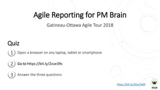 Agile Reporting for PM Brain
Gatineau-Ottawa Agile Tour 2018
1
2
3
Open a browser on any laptop, tablet or smartphone
Go to https://bit.ly/2zue39s
Answer the three questions
https://bit.ly/2Asz7wM
Quiz
 