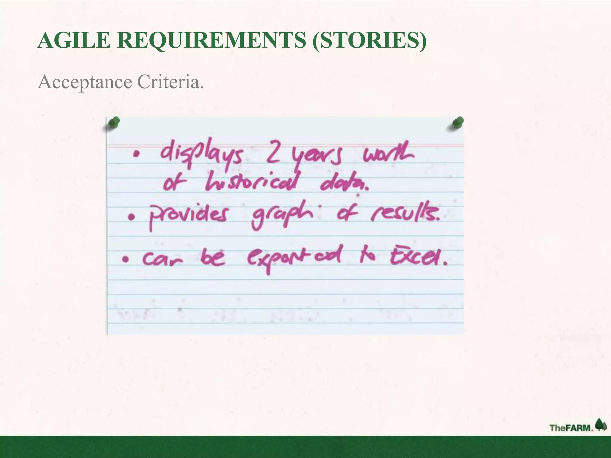 AGILE REQUIREMENTS (STORIES)
Acceptance Criteria.
 