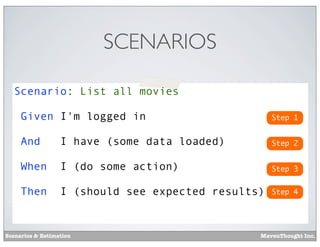 SCENARIOS
Scenario: List all movies
Given I'm logged in

Step 1

And

I have (some data loaded)

Step 2

When

I (do some action)

Step 3

Then

I (should see expected results)

Step 4

Scenarios & Estimation

MavenThought Inc.

 