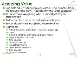 For discussion Purposes only Confidential
Page 53
Assessing Value
Understand why its being requested, who benefits from
the request and how. Also identify the ideal scenario.
Set a formula Weighting what’s important to your
organization
Auto calculate base on entries in each area
Be consistent in ratings (keep them relative)
Examlpes:
Attract Customer or enhances customer experience
Legal
Corporate Dashboard/Score card Goal Impact
Impacts Business Continuity
Time Savings
Increase Capacity
Impact Community
Impact Multiple Groups
Cost Savings
Increase Revenue
 