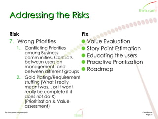 For discussion Purposes only Confidential
Page 57
Addressing the Risks
Risk
7. Wrong Priorities
1. Conflicting Priorities
among Business
communities. Conflicts
between users an
management and
between different groups
2. Gold Plating/Requirement
stuffing (What i really
meant was... or it wont
really be complete if it
does not do X)
(Prioritization & Value
assessment)
Fix
Value Evaluation
Story Point Estimation
Educating the users
Proactive Prioritization
Roadmap
 