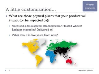 Where?

A little customization…


Geographical

What are those physical places that your product will
impact (or be impacted by)?


Accessed, administered, attacked from? Hosted where?
Backups stored in? Delivered at?



What about in five years from now?

19

www.danradoiu.ro

 