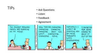 TIPs • Ask Questions
• Listen
• Feedback
• Agreement
 