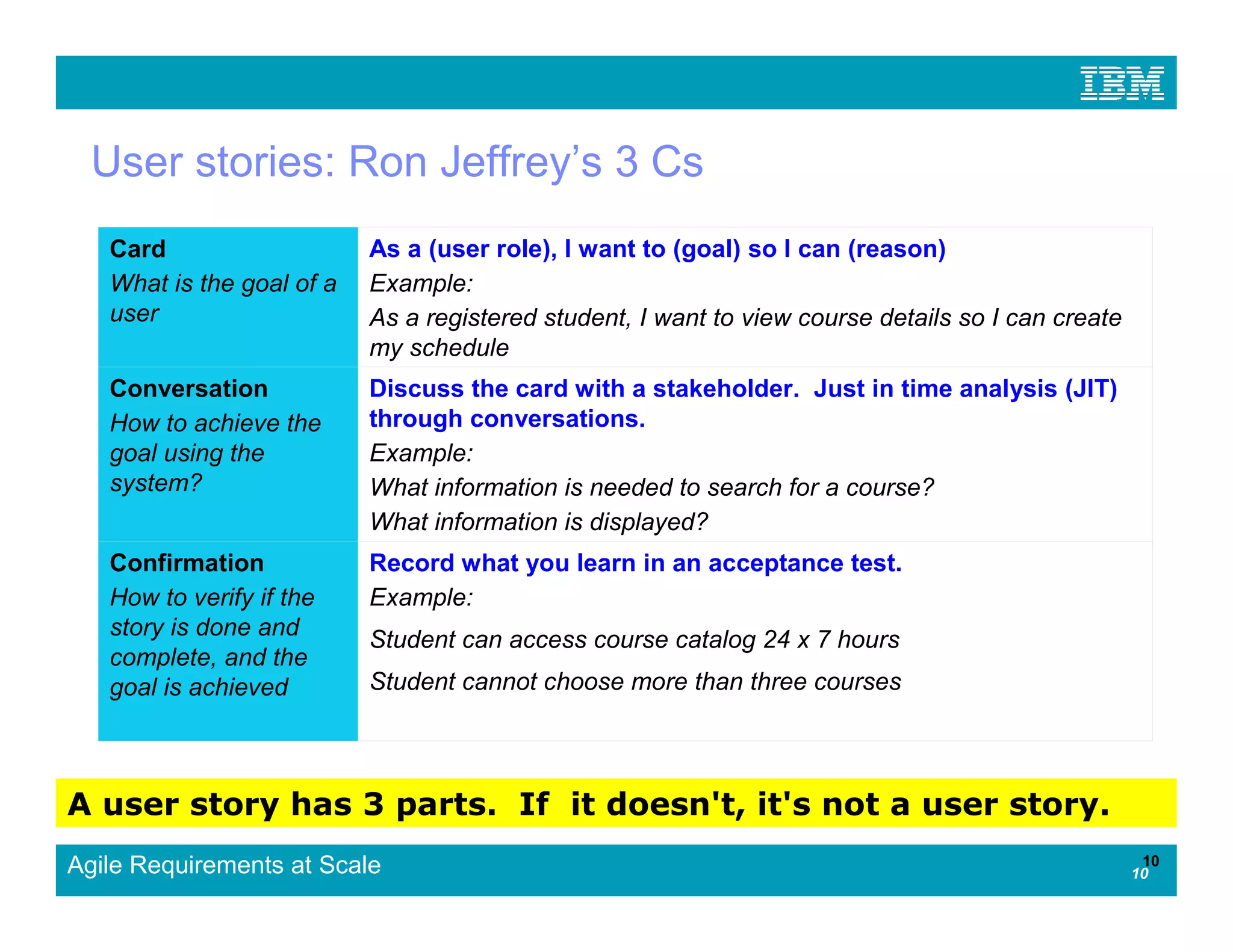 User stories: Ron Jeffrey’s 3 Cs
   Card                    As a (user role), I want to (goal) so I can (reason)
   What is the goal of a   Example:
   user                    As a registered student, I want to view course details so I can create
                           my schedule
   Conversation            Discuss the card with a stakeholder. Just in time analysis (JIT)
   How to achieve the      through conversations.
   goal using the          Example:
   system?                 What information is needed to search for a course?
                           What information is displayed?
   Confirmation            Record what you learn in an acceptance test.
   How to verify if the    Example:
   story is done and       Student can access course catalog 24 x 7 hours
   complete, and the
   goal is achieved        Student cannot choose more than three courses




A user story has 3 parts. If it doesn't, it's not a user story.
Agile Requirements at Scale                                                                          10
                                                                                                    10
 