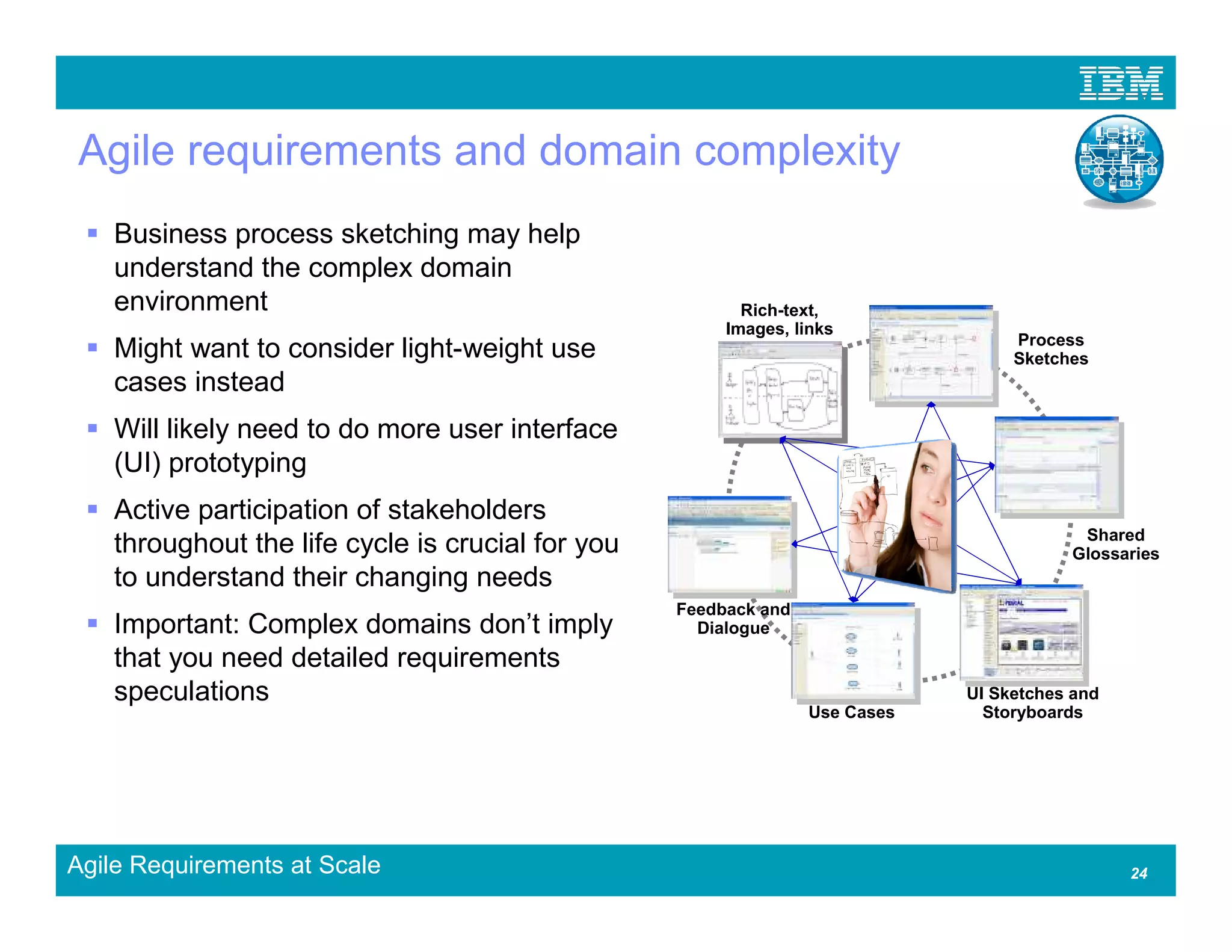 Agile requirements and domain complexity
    Business process sketching may help
    understand the complex domain
    environment                                           Rich-text,
                                                        Images, links
                                                                                   Process
    Might want to consider light-weight use                                        Sketches
    cases instead
    Will likely need to do more user interface
    (UI) prototyping
    Active participation of stakeholders
                                                                                          Shared
    throughout the life cycle is crucial for you                                         Glossaries
    to understand their changing needs
                                                   Feedback and
    Important: Complex domains don’t imply           Dialogue
    that you need detailed requirements
    speculations                                                              UI Sketches and
                                                                  Use Cases     Storyboards




Agile Requirements at Scale                                                                     24
 