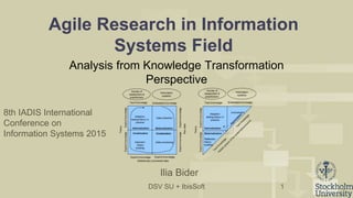 DSV SU + IbisSoft
Agile Research in Information
Systems Field
Analysis from Knowledge Transformation
Perspective
1
Ilia Bider
8th IADIS International
Conference on
Information Systems 2015
 