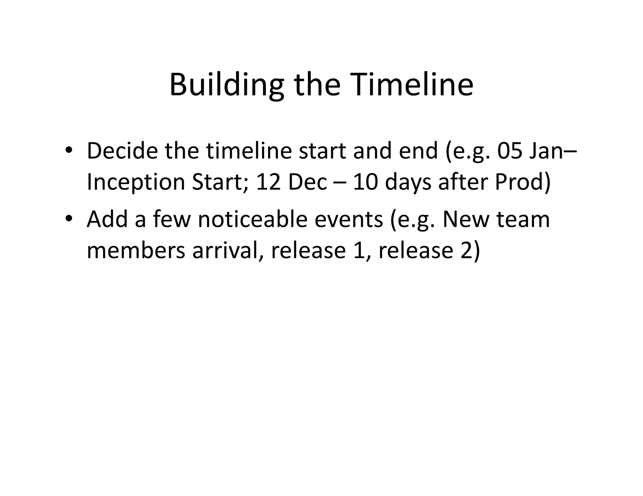 Building the Timeline
• Decide the timeline start and end (e.g. 05 Jan–
  Inception Start; 12 Dec – 10 days after Prod)
• Add a few noticeable events (e.g. New team
  members arrival, release 1, release 2)
 