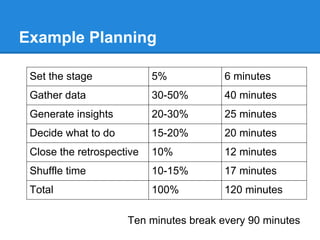 Example Planning

 Set the stage             5%           6 minutes
 Gather data               30-50%       40 minutes
 Generate insights         20-30%       25 minutes
 Decide what to do         15-20%       20 minutes
 Close the retrospective   10%          12 minutes
 Shuffle time              10-15%       17 minutes
 Total                     100%         120 minutes

                     Ten minutes break every 90 minutes
 