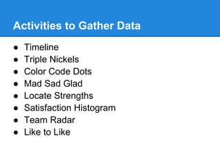 Activities to Gather Data
●   Timeline
●   Triple Nickels
●   Color Code Dots
●   Mad Sad Glad
●   Locate Strengths
●   Satisfaction Histogram
●   Team Radar
●   Like to Like
 