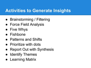 Activities to Generate Insights
●   Brainstorming / Filtering
●   Force Field Analysis
●   Five Whys
●   Fishbone
●   Patterns and Shifts
●   Prioritize with dots
●   Report Out with Synthesis
●   Identify Themes
●   Learning Matrix
 